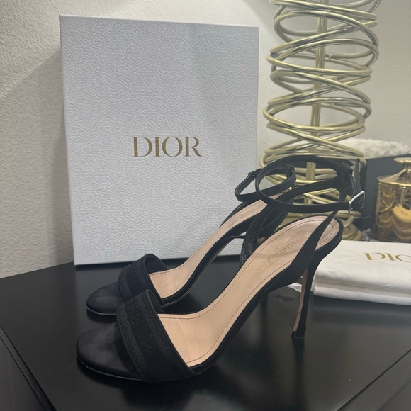 Christian Dior Dway Embroidered Logo Sandal Heel Satin Black 39.5 - Picture 1 of 10